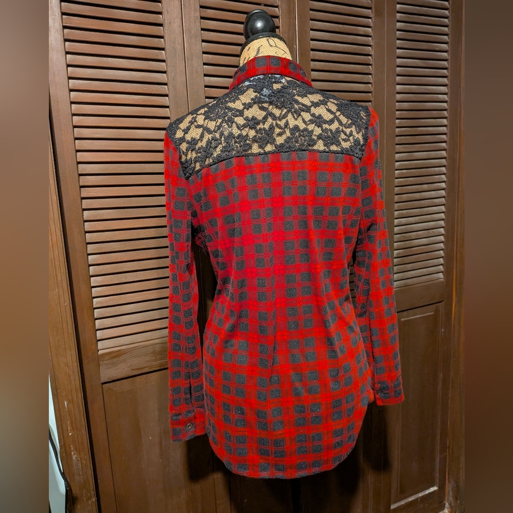 Lace Back Red and Black Plaid Shirt